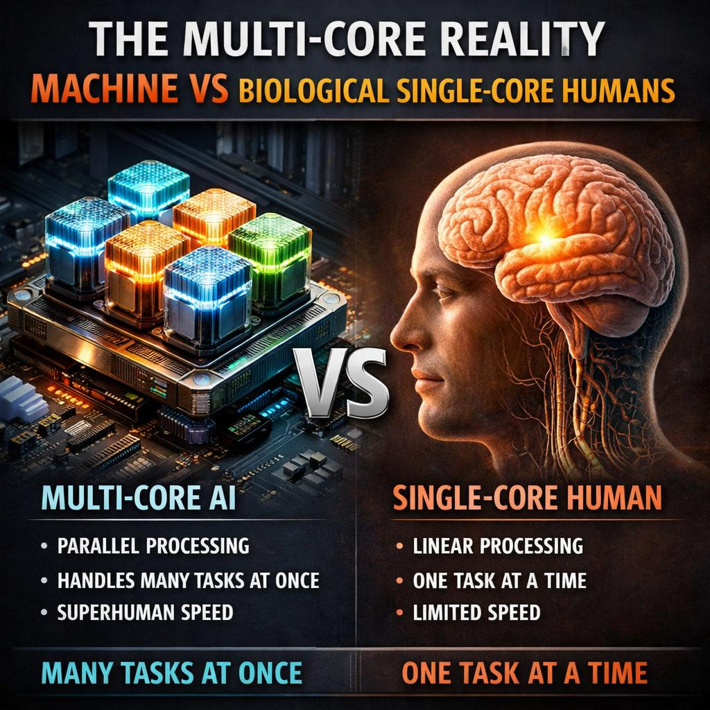 The Multi-Core Reality of the Machine vs Biological Single-Core Humans